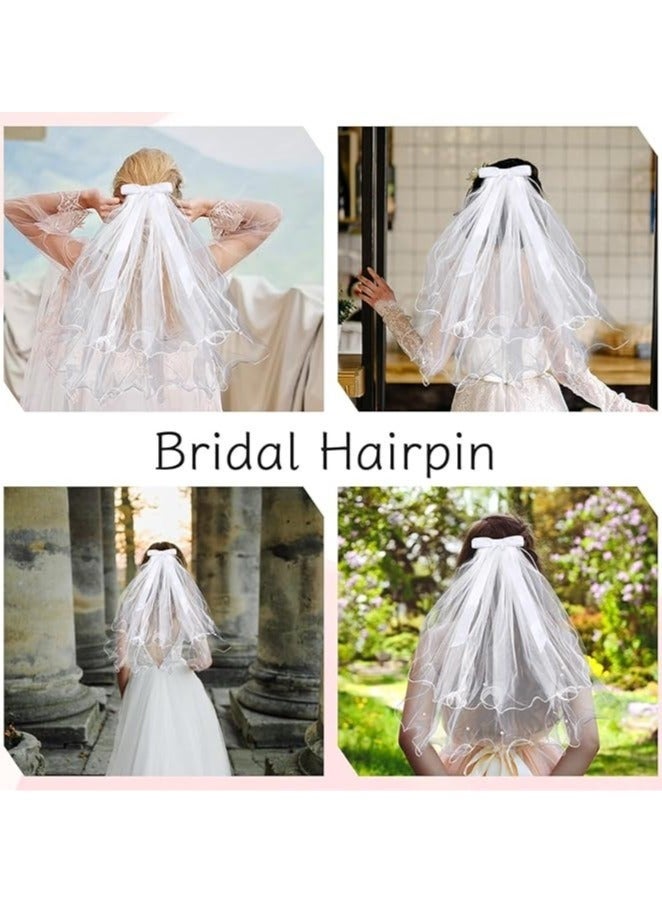 Bridal Wedding Veils, White Tulle Bridal Veil Hair Clip for Women Girls, Elegant Pearls Tulle Bow Veil Headband, Bridesmaid Short Hair Piece Bachelorette Decoration - Image 4